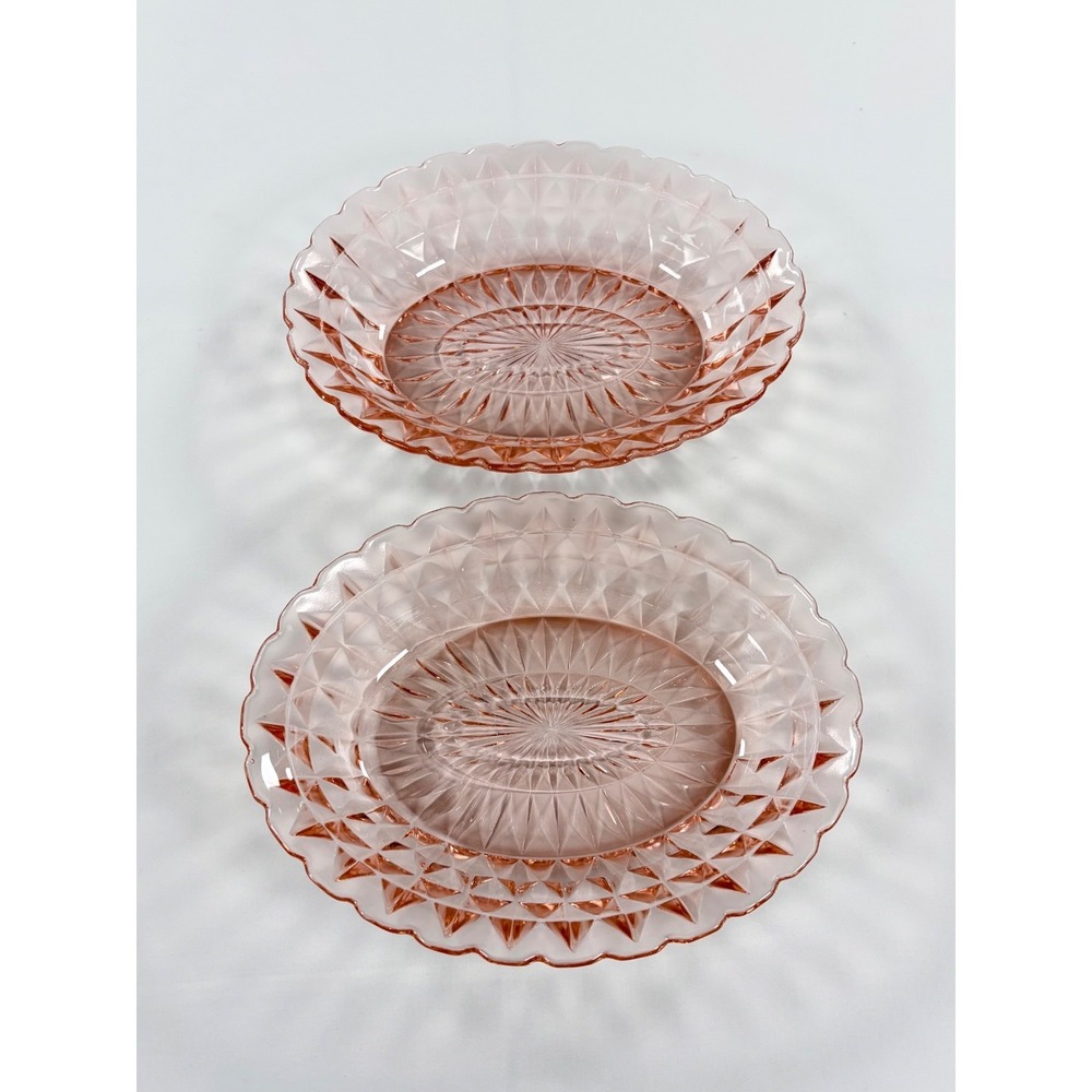 Jeannette Glass Pink Windsor Diamond Point Oval Serving Bowls Set 2 Vintage 9"